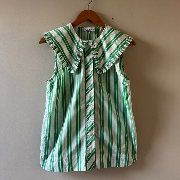 Ganni Tops - GANNI Green & White Striped Sleeveless Poplin Shirt – Ruffle Collar – Size 36